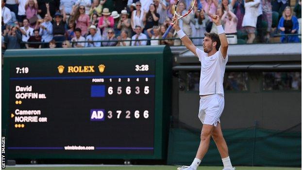 Cameron Norrie celebrates beating David Goffin to reach the Wimbledon semi-finals