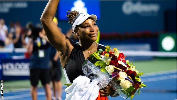 Serena Williams waves to the crowd in Toronto