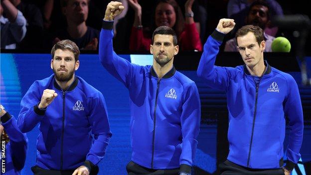 Cameron Norrie, Novak Djokovic and Andy Murray cheer on Team Europe