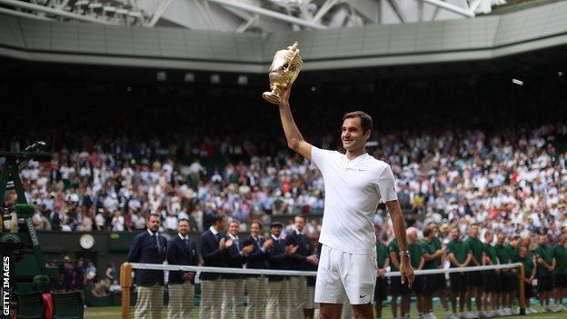 Roger Federer holding up the Wimbledon men's singles trophy on Centre Court in 2017
