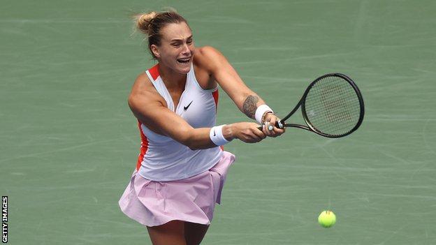 Sabalenka hits a shot against Pliskova