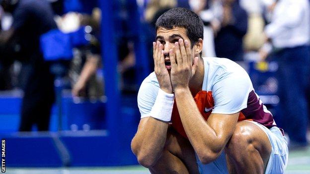 Carlos Alcaraz celebrates after beating Jannik Sinner in the US Open quarter-finals