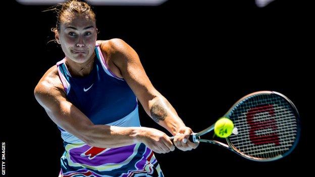 Aryna Sabalenka hits a return in her Australian Open quarter-final win