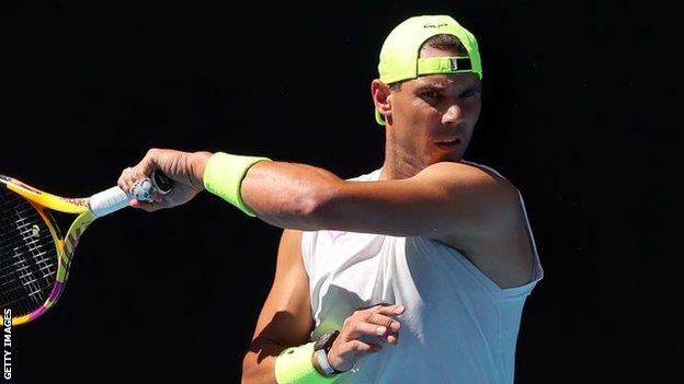 Rafael Nadal hits during practice at the Australian Open
