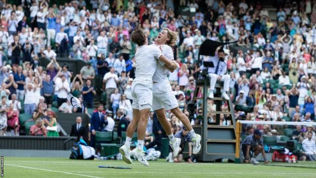 Australia's Matthew Ebden and Max Purcell celebrating winning the men's doubles title at Wimbledon in 2022