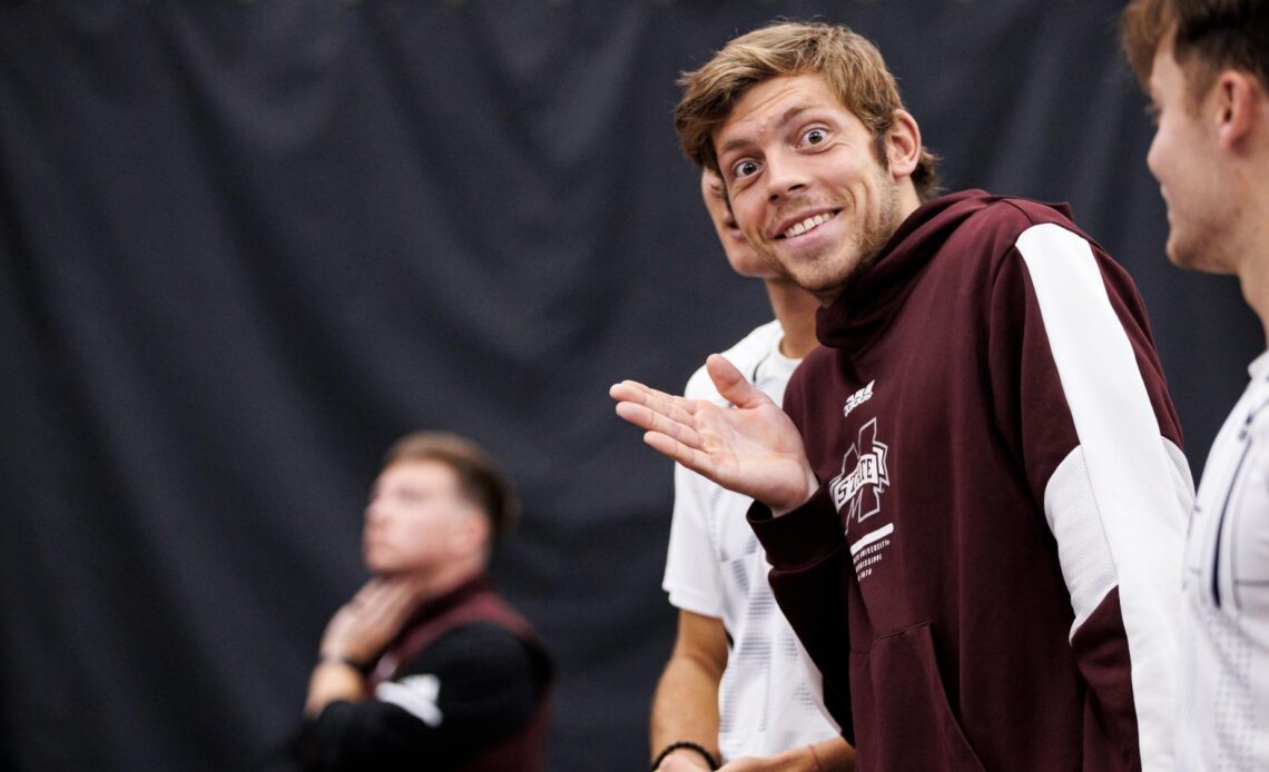 STARKVILLE, MS - February 03, 2023 - Mississippi State's Gregor Ramskogler during the match between the Tulane Green Wave and the Mississippi State Bulldogs at the Rula Tennis Pavilion in Starkville, MS. Photo By Will Porada