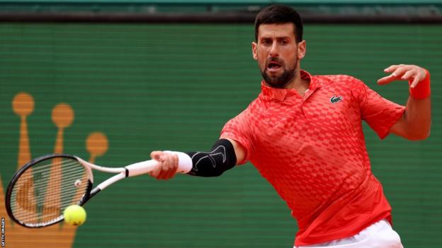 Novak Djokovic playing a forehand with strapping on his right elbow