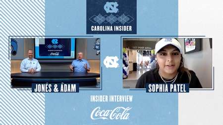 Screenshot from Carolina Insider's interview segment featuring Jones Angell and Adam Lucas from their interview with Carolina Women's Tennis' Sophia Patel