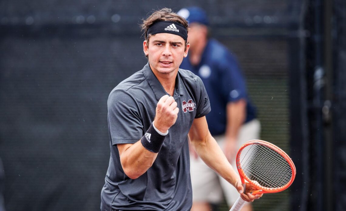 STARKVILLE, MS - May 06, 2023 - Mississippi State's Nemanja Malesevic during the NCAA Regionals Second Round Match between the Middle Tennessee State Blue Raiders and the Mississippi State Bulldogs at the AJ Pitts Tennis Centre in Starkville, MS. Photo By Kevin Snyder