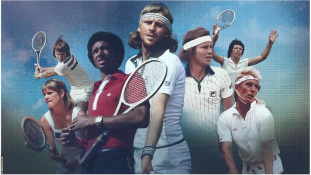 (l-r) Chris Evert, Jimmy Connors, Arthur Ashe, Bjorn Borg, John McEnroe, Billie Jean King, Martina Navaratilova