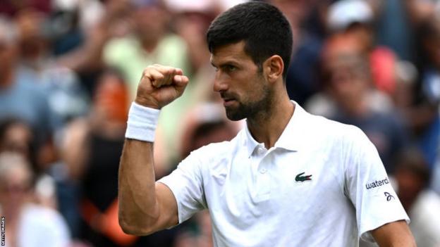 Novak Djokovic gestures at Wimbledon