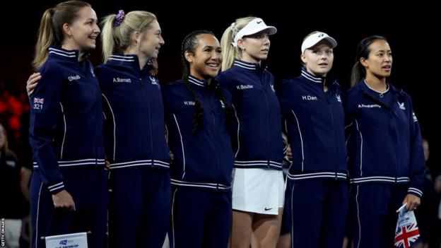 Olivia Nicholls, Alicia Barnet, Heather Watson, Katie Boulter, Harriet Dart and Anne Keothavong ahead of the Billie Jean King Cup Qualifier match between Great Britain and France