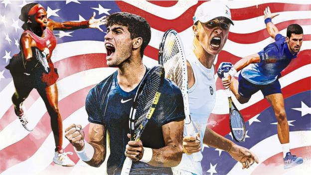 Graphic featuring US Open stars Coco Gauff, Carlos Alcaraz, Iga Swiatek and Novak Djokovic