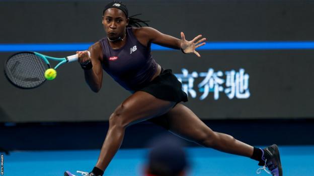 Coco Gauff hitting a forehand