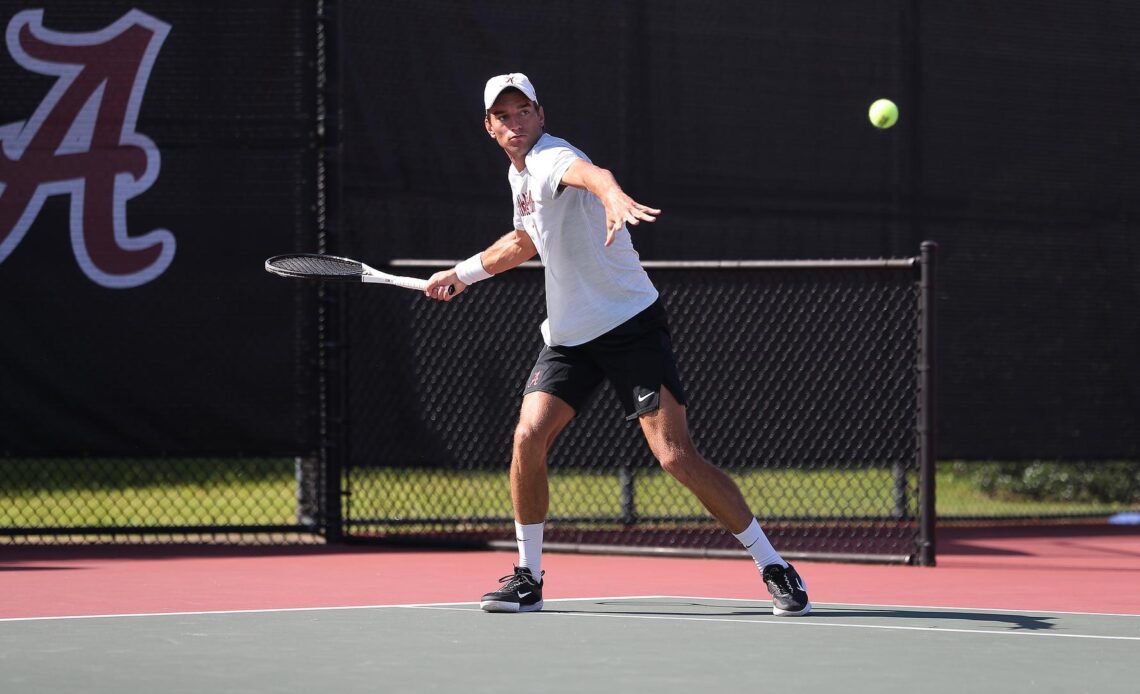 Alabama men's tennis player Filip Planinsek hits the ball against Purdue at The University of Alabama Tennis Stadium in Tuscaloosa, AL on Sunday, Sep 17, 2023.