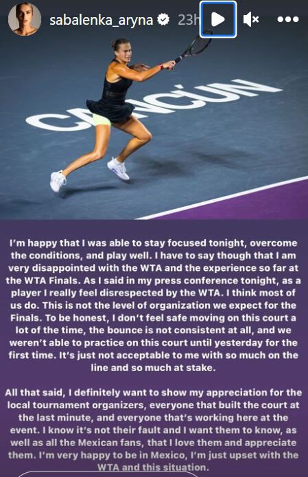 Sabalenka Slams WTA Finals, Feels Unsafe Moving On Court; Vondrousova Says Event Is A Disappointment