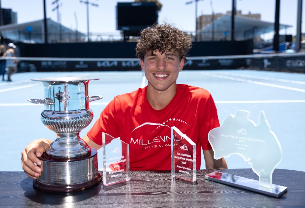 Daniel Jovanovski with his trophies from the 2022 December Showdown. Picture: Tennis Australia