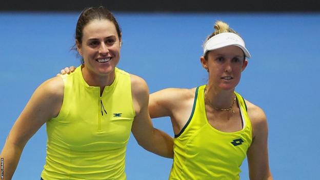 Australian pair Kimberly Birrell and Storm Hunter celebrate their doubles win against Slovenia at the 2023 Billie Jean King Cup