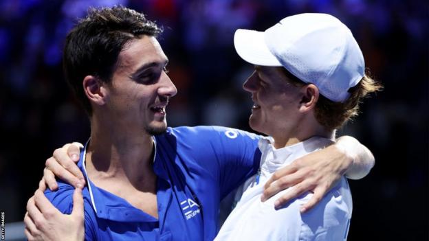 Jannik Sinner and Lorenzo Sonego of Italy celebrate winning