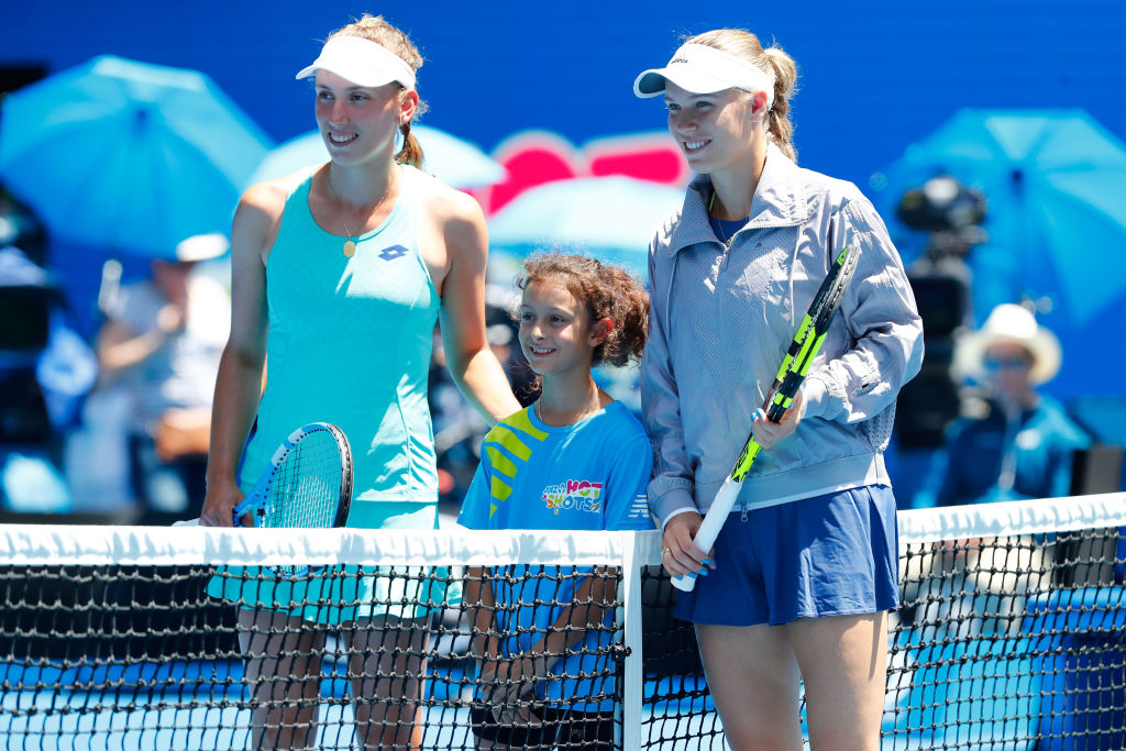 A young Tahlia Kokkinis with Elise Mertens and Caroline Wozniacki at Australian Open 2018. Picture: Getty Images