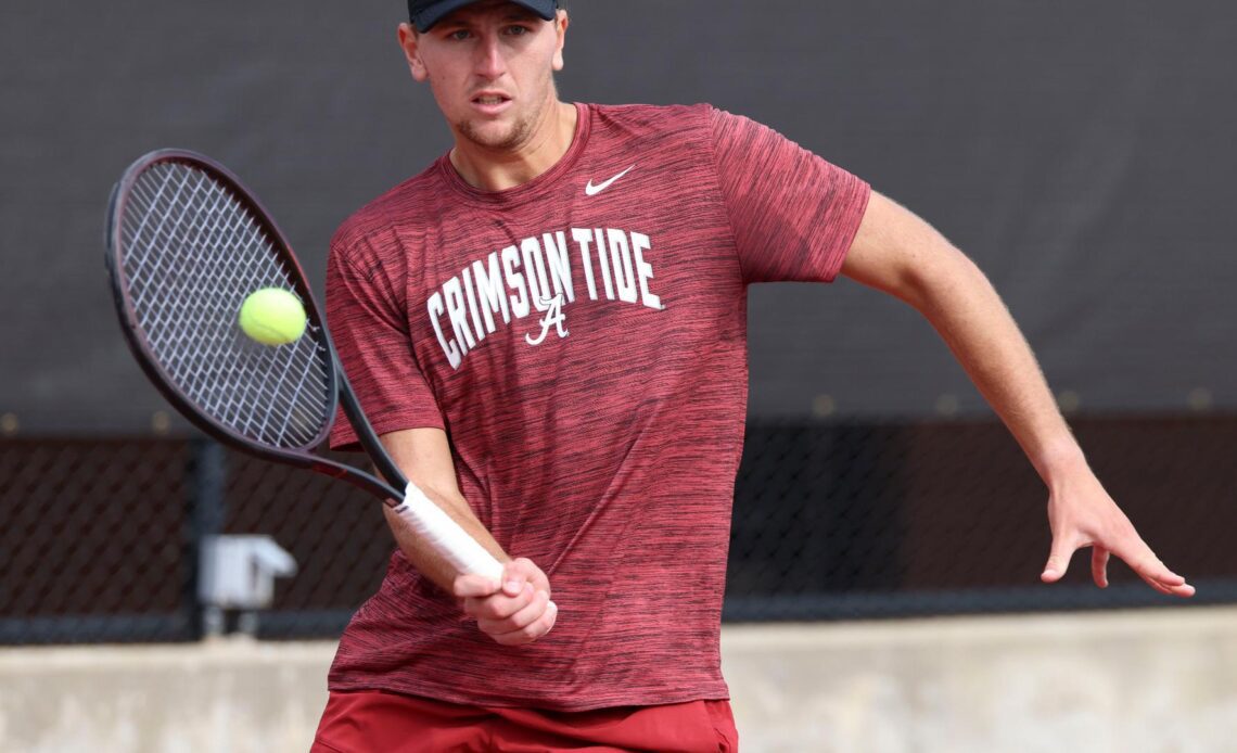 Alabama men's tennis player Matias Ponce De Leon in action against UTR TuscaBama at The University of Alabama Tennis Stadium in Tuscaloosa, AL on Monday, Nov 13, 2023.