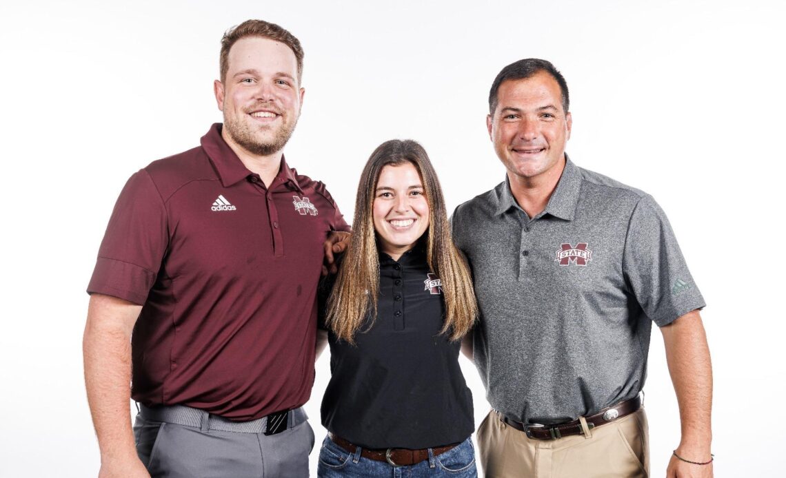 STARKVILLE, MS - August 02, 2023 - Mississippi State Head Coach Chris Hooshyar, Mississippi State Assistant Women's Tennis Coach Noah Tippen, and Mississippi State Assistant Women's Tennis Coach Taylor Russo during coaches photoshoot at Holliman Athletic Center in Starkville, MS. Photo By Jaden Powell