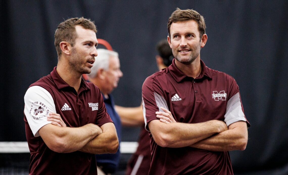 STARKVILLE, MS - April 07, 2023 - Mississippi State Head Coach Matt Roberts and Assistant Men's Tennis Coach Jake Jacoby before the match between the LSU Tigers and the Mississippi State Bulldogs at the Rula Tennis Pavilion in Starkville, MS. Photo By Laura Parsley