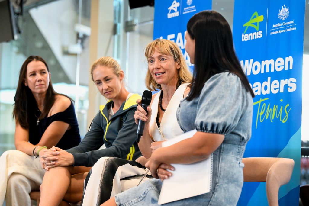 Annabel Taylor (pictured with microphone) shared advice during a Women and Girls' breakfast at the Billie Jean King Cup Qualifier in Brisbane last month. Picture: Tennis Australia