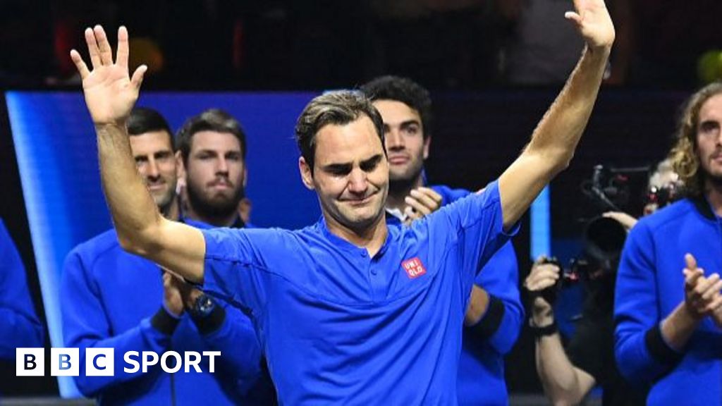 Roger Federer reacts after playing his final game a doubles with Spain's Rafael Nadal of Team Europe in the 2022 Laver Cup at the O2 Arena in London.