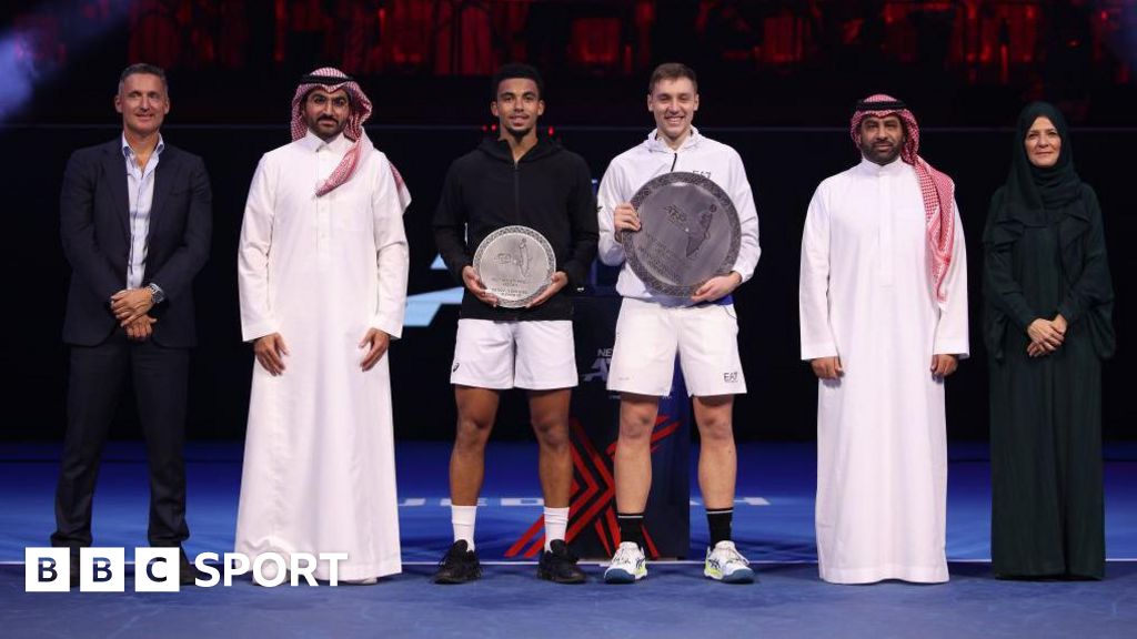 Arthur Fils of France, runner up and Hamad Medjedovic of Serbia, winner, pose for a photo with their trophies after the final during day five of the Next Gen ATP Finals at King Abdullah Sports City on December 02, 2023 in Jeddah, Saudi Arabia