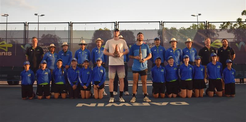 Jake Delaney and Omar Jasika with their Darwin International 1 singles trophies. Picture: Tennis NT