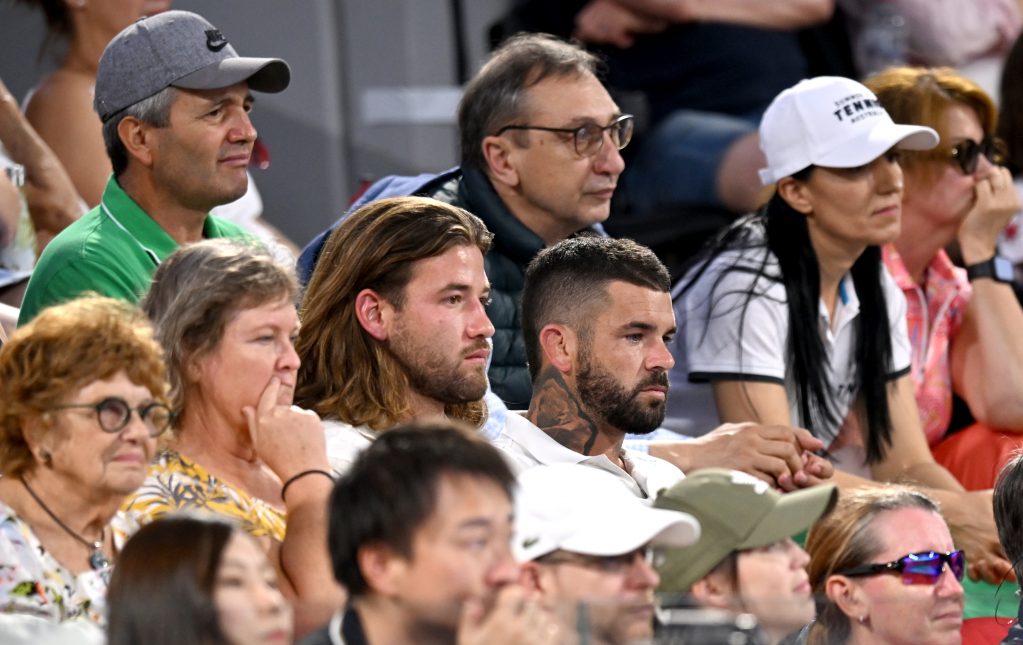 Patrick Carrigan, pictured with Brisbane Broncos captain Adam Reynolds, attended multiple sessions at Brisbane International 2024 this summer. Picture: Tennis Australia