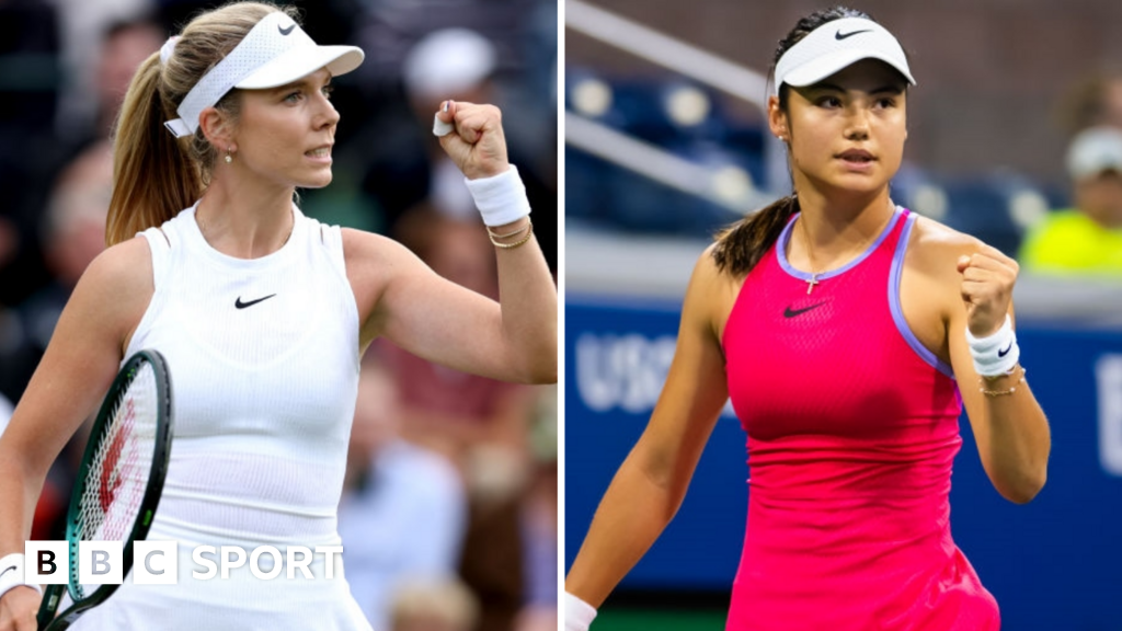 Katie Boulter and Emma Raducanu hold up their fist in celebration