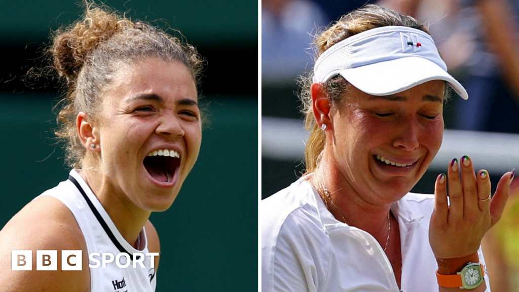 A split picture of Jasmine Paolini celebrating and Donna Vekic crying